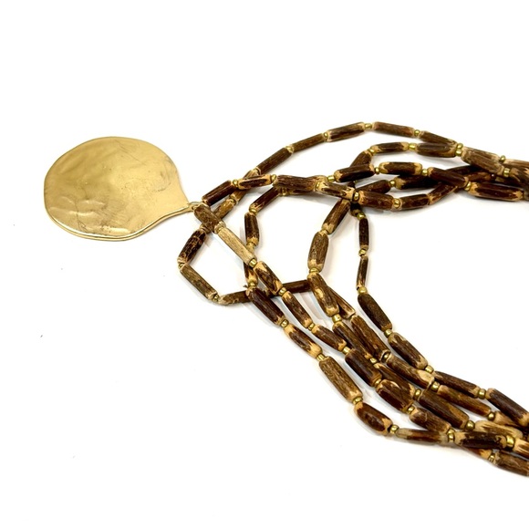 JJill Wooden Bead Multi Strand Gold Medallion Necklace - Picture 3 of 7